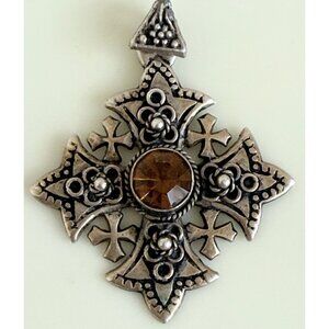 Vintage 50's 900 Silver Maltese Crusader Cross Pendant Orange Rhinestone